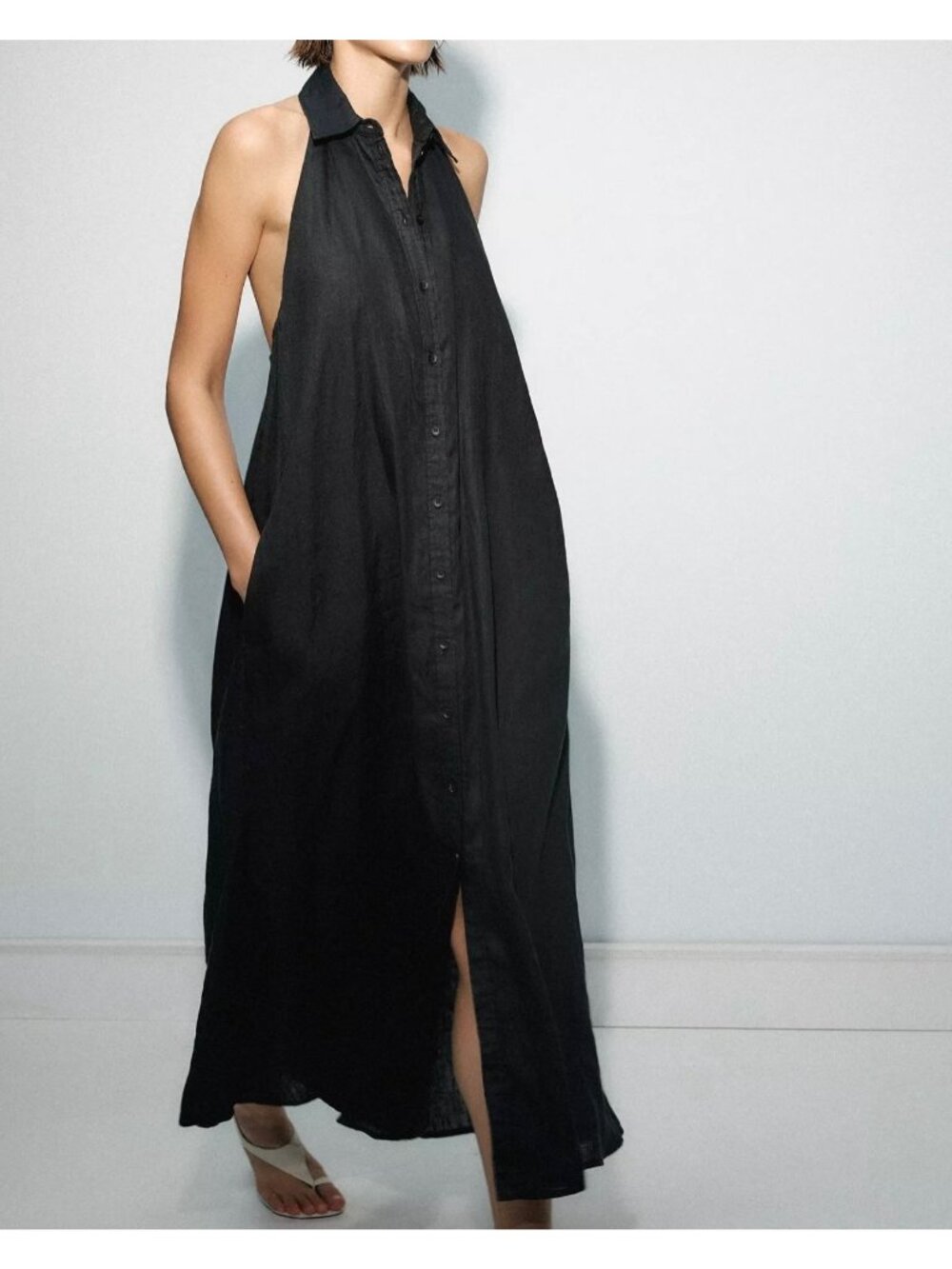 Zara Womens Shirt Linen Dress Sz XS Black Maxi Halter openback 2731/069 NWT